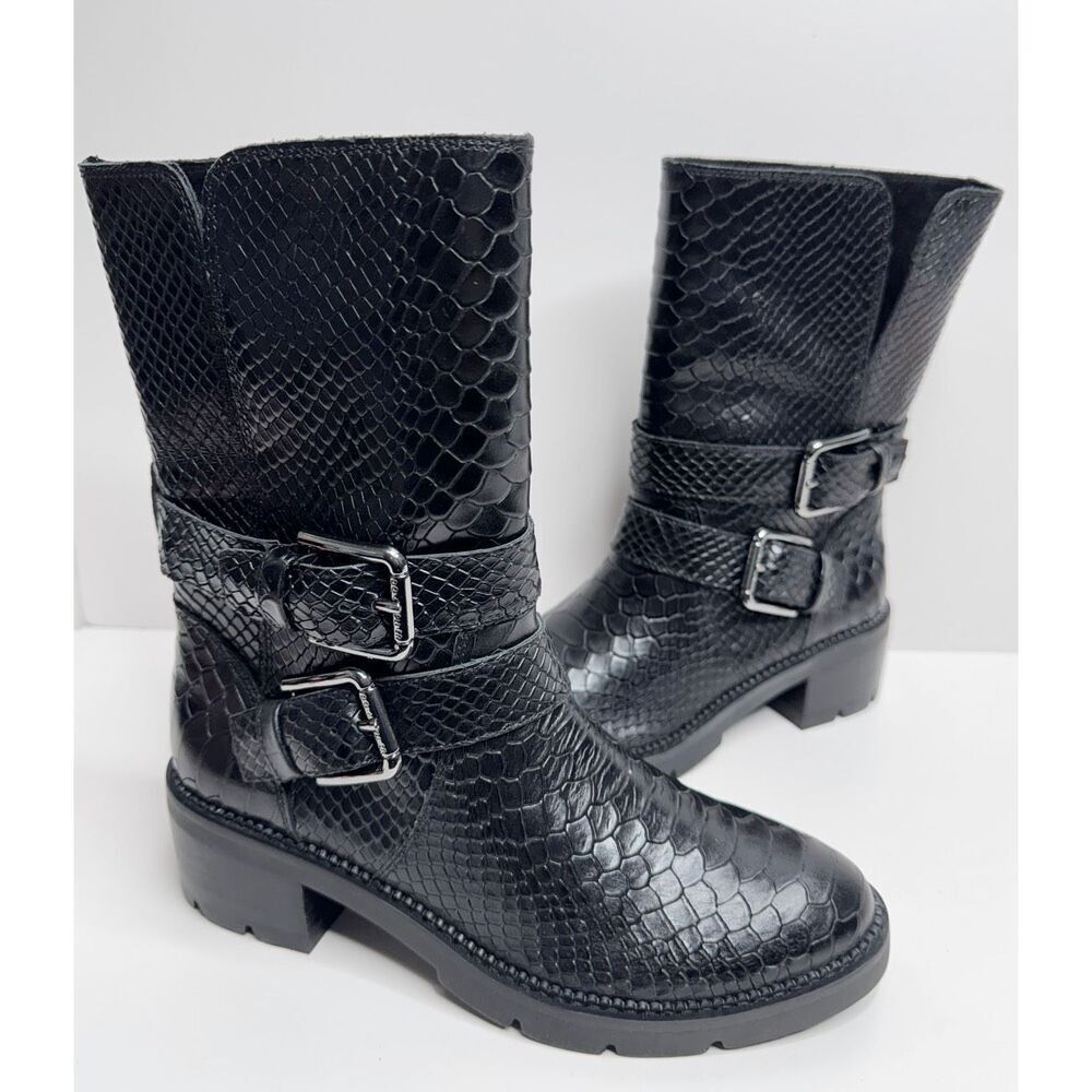 Donald J. Pliner Boots Size 7 Womens Saraya Black Leather Embossed Mid-Calf NEW